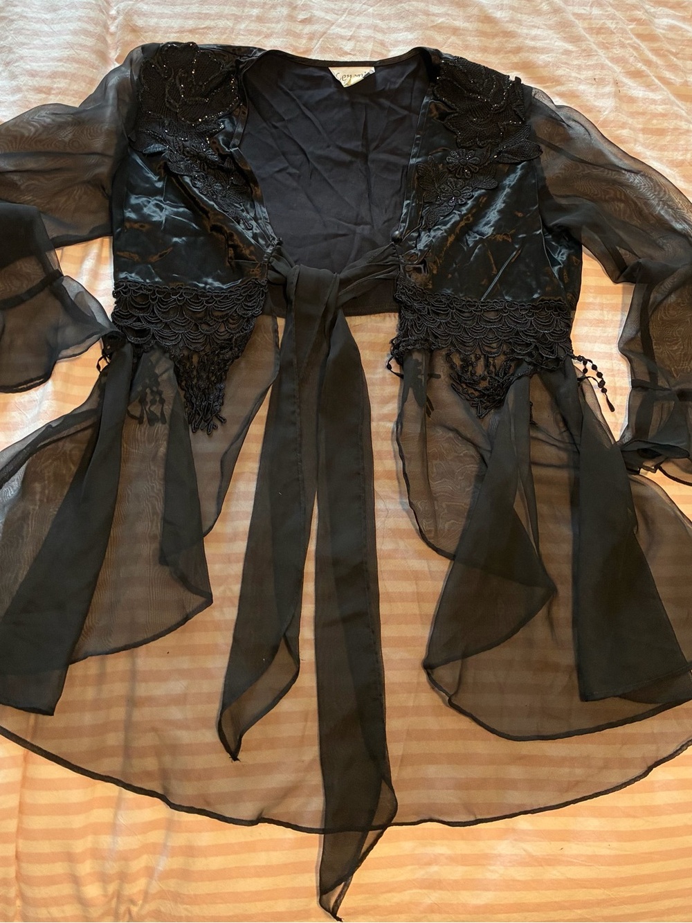 Sheer Black Tie-Front Embellished Blouse